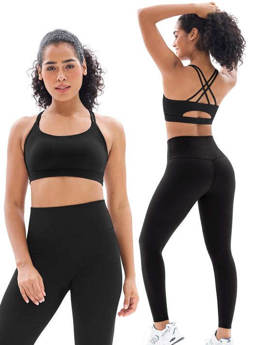 2 Piece Workout Sets for Women Strappy Criss Cross Sports Bra